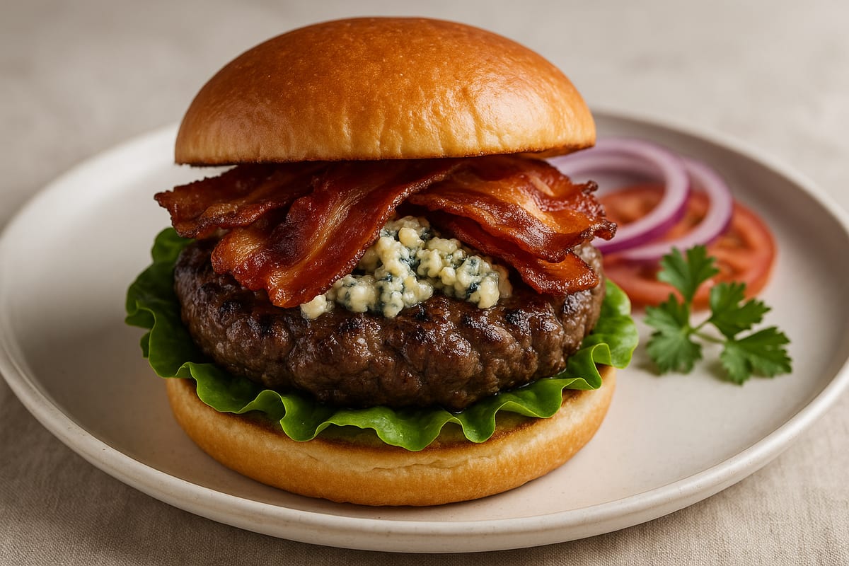 Gourmet Blue Cheese Bacon Burgers — AI-generated food photo